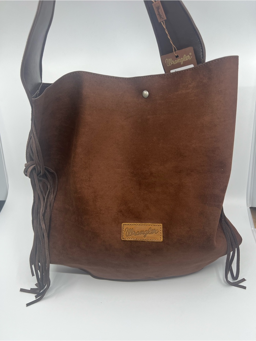 Wrangler Women's Brown Suede Fringe Shoulder Wide Embellished Strap Bag NWT